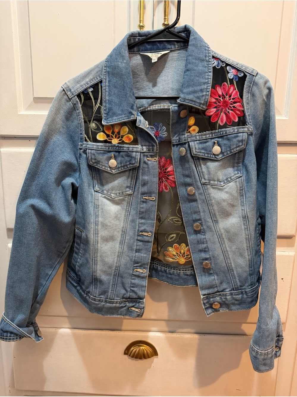 Denim upscaled jacket M lace insets front and back nicely done great colors